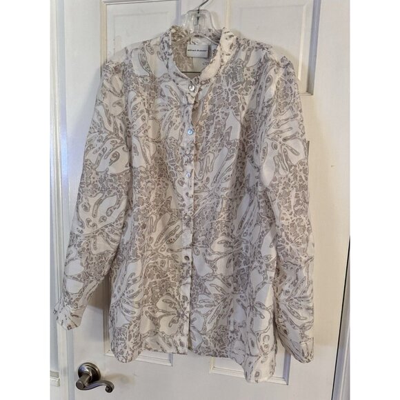 Alfred Dunner Women Aztec Sz 18 White Sheer Long Sleeve Button Up Floral Blouse - Picture 2 of 10